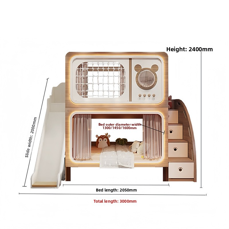 Bed + Slide + Staircase Cabinet + 2 Mattresses