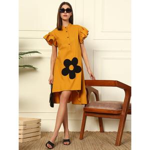 Solid Cotton Floral Print <b>Dress</b> Women's Collared Neck Short Frilled Sleeves Loose Fit High Low Pockets Summer Western Party - Product Image 1
