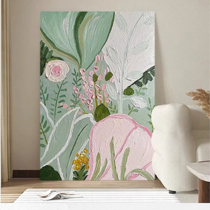 Pintura al óleo floral pintada a mano, arte botánico en lienzo verde y rosa para decoración <span class=keywords><strong>de</strong></span> sala <span class=keywords><strong>de</strong></span> estar - Product Image 3