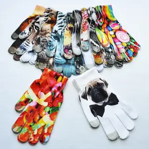 MIO冬季手套男女触摸屏魔术手套寒冷天气保暖手套动物3D数码印花针织手套