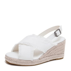 Sandalias de Plataforma de <span class=keywords><strong>Yute</strong></span> Trenzado con Tiras Cruzadas Ajustables y Borde Deshilachado <span class=keywords><strong>Blancas</strong></span> para Mujer, Estilo Espadrille, Cómodas para el Verano - Product Image 3