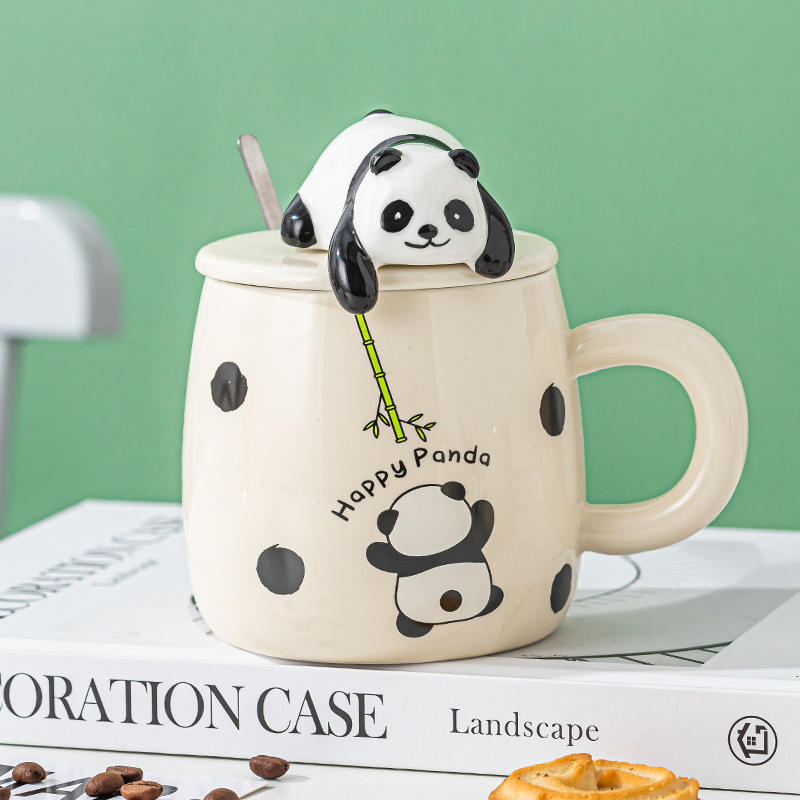 Seaygift High Appearance Party Gift Black Panda Interactive Water Cup Cute Animal Cartoon Ceramic Cup Porcelain Mugs with Spoon