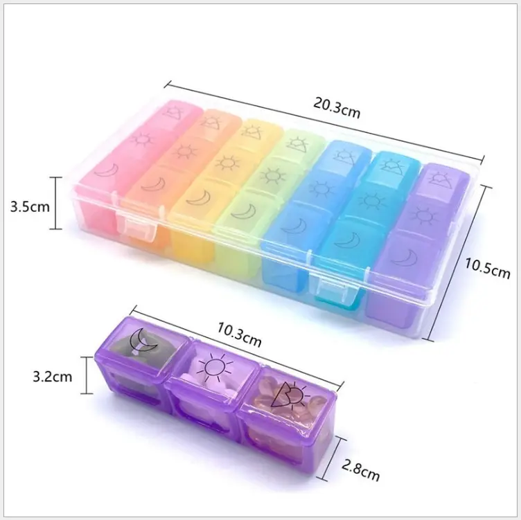 7 일 주간 알약 상자 21 구획 플라스틱 알약 케이스 로고 식품 학년 모든 새로운 PP 소재 여행 알약 케이스