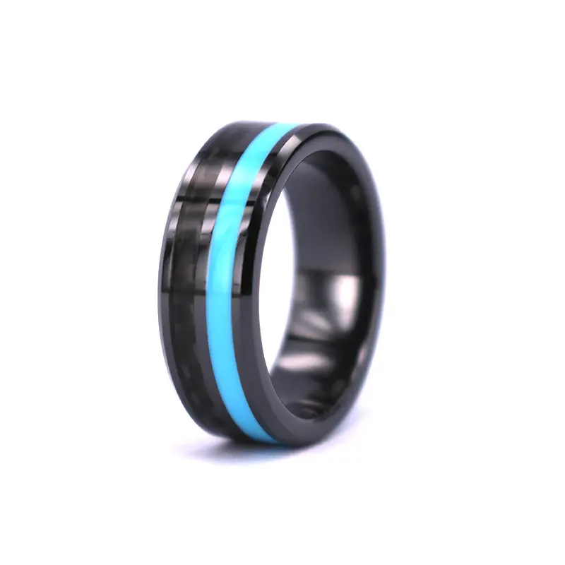 Black Tungsten Beveled Edge Wedding Band with Light Blue Resin and Black Carbon Fiber Inlay couples wedding rings set