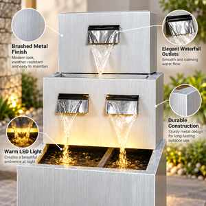 Fontana d'Acqua Moderna <span class=keywords><strong>da</strong></span> Esterno in Metallo con 3 Uscite a Cascata e Luce LED per <span class=keywords><strong>Giardino</strong></span>, Patio e Decorazione Hotel - Product Image 2