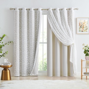 Rideaux occultants Bindi de luxe <span class=keywords><strong>beige</strong></span> <span class=keywords><strong>et</strong></span> <span class=keywords><strong>blanc</strong></span>, double couche, absorbants le son, 100 % polyester, unis, avec dentelle transparente en forme de feuille - Product Image 1