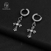 Boucles d'oreilles unisexes vintage en acier inoxydable avec croix pendante et zircon incrusté, style hip-hop urbain, accessoires quotidiens pour les oreilles