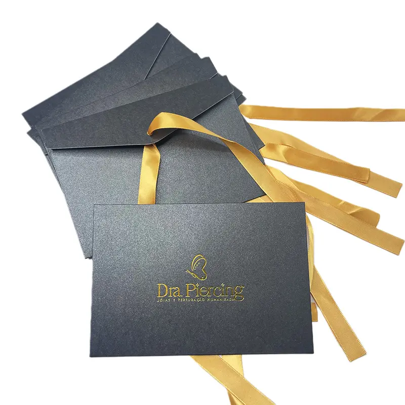 Luxo personalizado logotipo papel envelope convite embalagem malote com fita especial