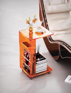 Oranje <span class=keywords><strong>C</strong></span>-Vormige Eindtafel Op Afsluitbare Wielen Doorzichtig Acryl Kleine Salontafel Voor Ruimtes Als Displayrek Bijzettafel Voor Sofa - Product Image 4