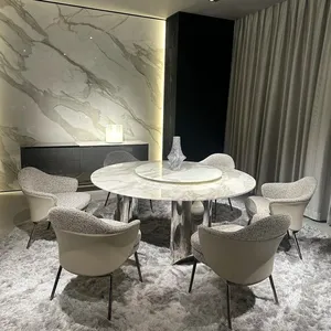 Mesa de jantar redonda italiana personalizada em cunha com barriga de peixe natural, design simples de móveis para casa em mármore branco