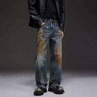 Celana Denim Grafiti Semprot Tinta Musim Gugur-Dingin Terbaru dengan Bahan Stretch, Model Longgar Lurus, Berat, Gaya Amerika, Celana Trendy Bermerek