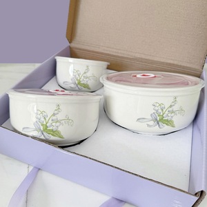 Ensemble de bols en céramique à motif de fleurs de muguet, multifonctionnels, pour la fraîcheur, ensemble de trois bols en céramique, cadeaux de mariage, boîte - Product Image 3