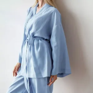 Autunno <span class=keywords><strong>donna</strong></span> pigiama a maniche lunghe alla moda Casual abito di lino di cotone con modello solido vendita caldo vestiti per la <span class=keywords><strong>casa</strong></span> - Product Image 5