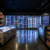 Ensemble d'équipements de réfrigération pour supermarché : Vitrine réfrigérée pour boissons, Congélateur îlot combiné, Réfrigérateur-vitrine pour vins et boissons