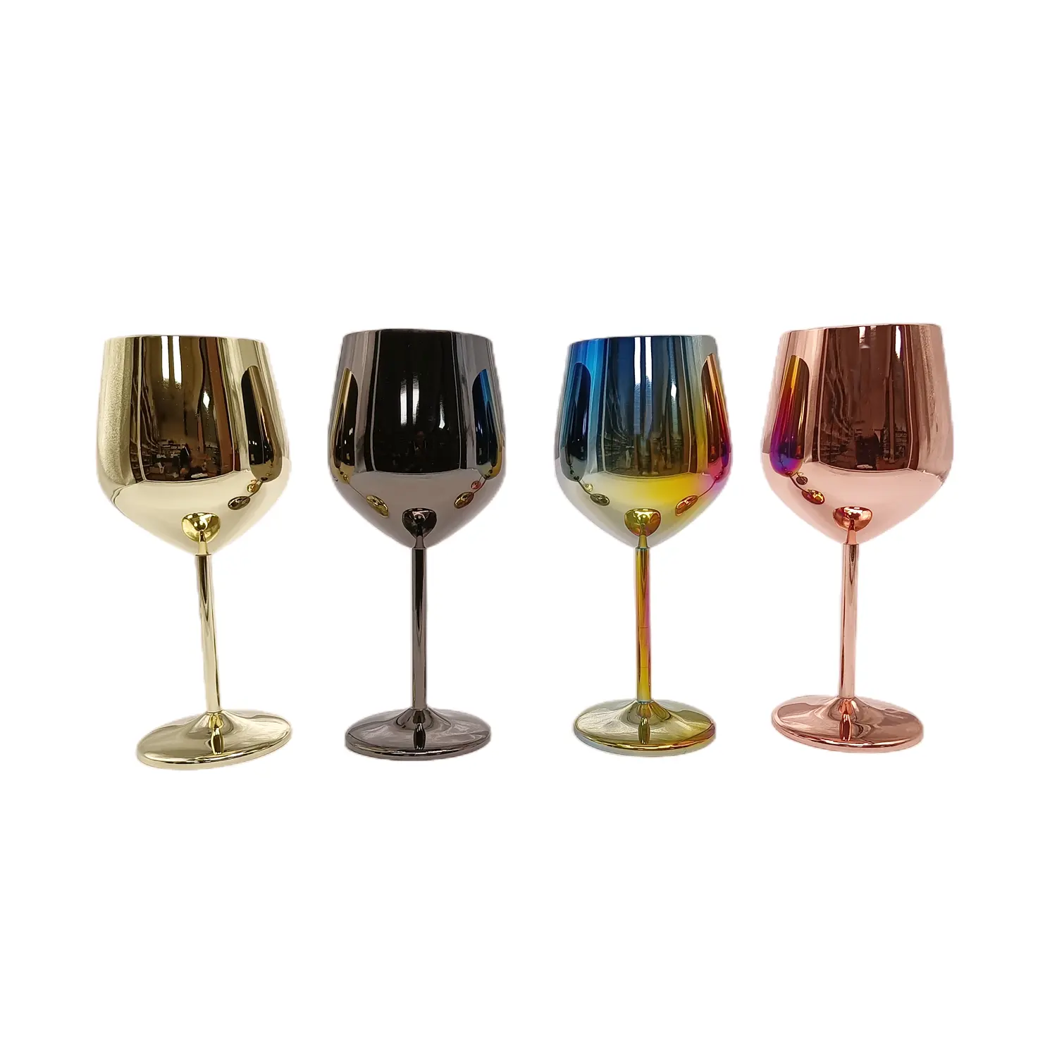Bicchiere da vino rosso infrangibile lucidato a specchio con stelo in acciaio inossidabile MOQ basso bicchiere da vino colorato con calice in metallo portatile da 530ml