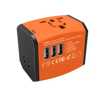 Adaptador elétrico personalizado para viagens, plug de conversão universal para viagens globais, com 3 portas USB tipo C, segurança de segurança, EUA, UE, AU, Reino Unido