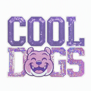 Distintivi in feltro non tessuto ricamati personalizzati all'ingrosso, ecologici, con paillettes a forma di bulldog, per abbigliamento sportivo, termoadesivi, con scritta 'Let's Go Chiefs' - Product Image 1