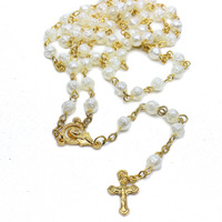 (Boîte) Collier chapelet rose doré Perles roses Bijoux croix chapelet