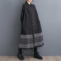 Nouvelle Robe Chemise Trapèze Femme Printemps 2026, Coupe A-Line, Manches Longues, Grande Taille, Broderie Florale, Ourlet Midi, Ample et Décontractée, Noire