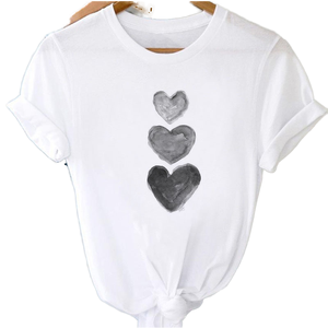 T-shirt décontracté pour femme en coton tissé respirant de haute qualité, nouvelle mode, coupe classique, manches courtes, imprimé cœur d'amour - Product Image 1