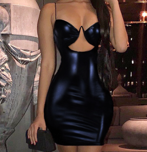 Sexy Cut Out Spaghetti Strap Short <strong>Black</strong> <strong>PVC</strong> Leather Latex Party <strong>Dresses</strong> - Product Image 1