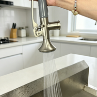 Robinet de cuisine commercial contemporain en acier inoxydable 304 avec tuyau intégré et pré-évier en laiton, 1 trou, pulvérisateur flexible de qualité alimentaire pour montage sur plan de travail