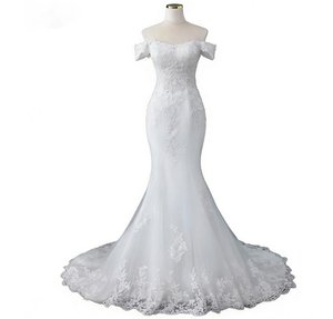 Nouvelle <span class=keywords><strong>Robe</strong></span> <span class=keywords><strong>de</strong></span> <span class=keywords><strong>Mariée</strong></span> Sirène Sexy et Élégante à Col Bateau, Manches Courtes, Dentelle Appliquée, Épaules Dénudées, Laçage, Personnalisable - Product Image 1