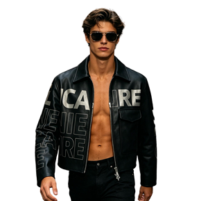 Chaqueta de Cuero Sintético con Cierre y Estampado de Letras Negritas sin <span class=keywords><strong>Serif</strong></span> para Hombre, Impresión DTG Personalizada Kornit, Estilo Urbano Minimalista - Product Image 3