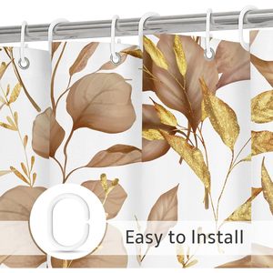 Rideau de douche feuilles botaniques 3D or vert avec fond blanc naturel décor à la maison esthétique pour salle de bain comprend des crochets - Product Image 3