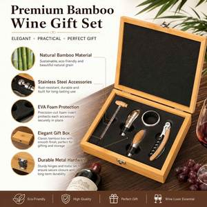 Sacacorchos de Vino de Bambú y Madera de Lujo Personalizado con Logotipo, Juego de Accesorios con Caja de Regalo - Product Image 4