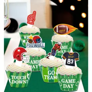 Sıcak satış 24 adet futbol oyuncuları spor Rugby topu shapecake kağıt Topper dekorasyon kek dekorasyon için