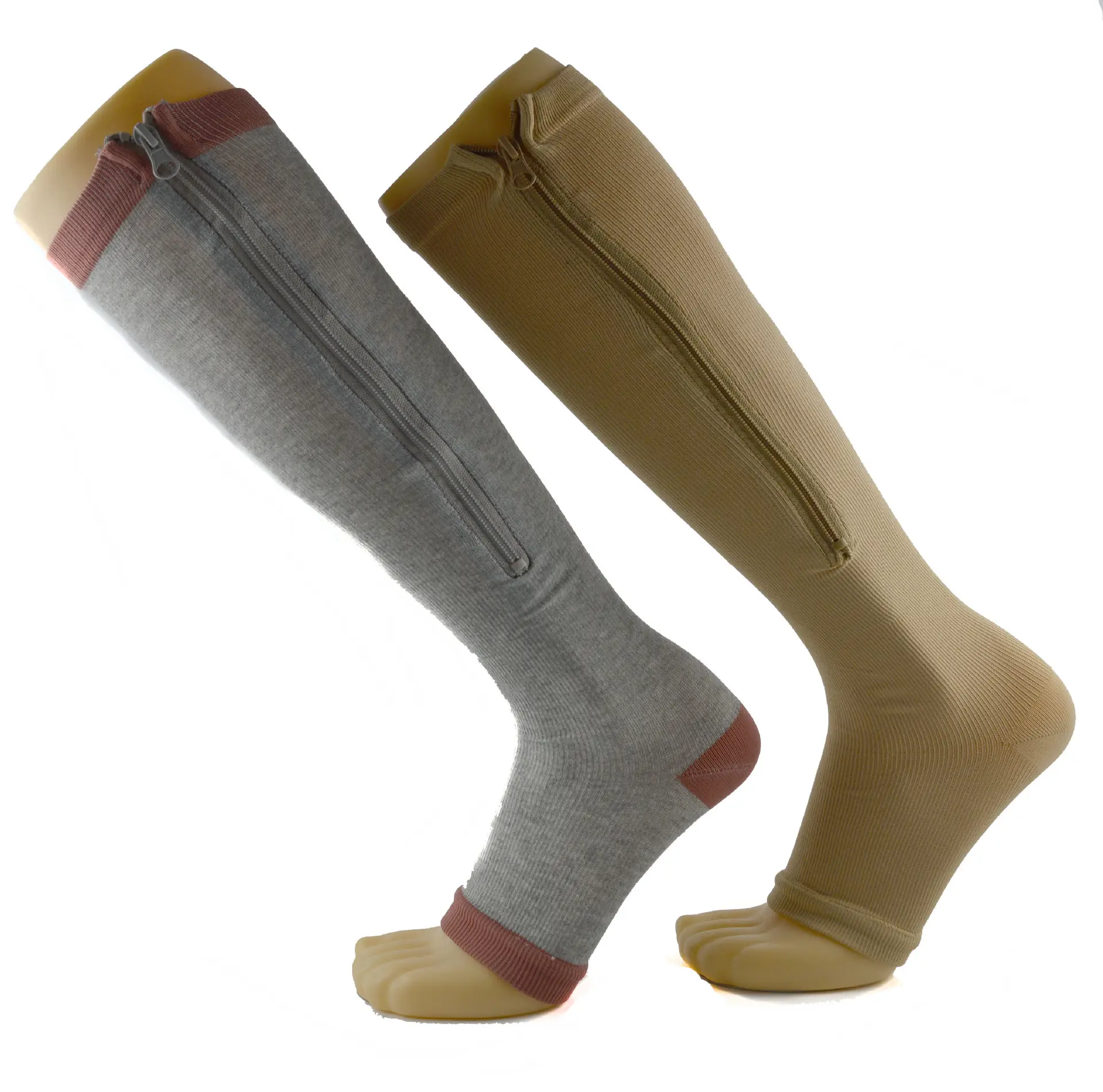 Vente chaude nylon genou haut femmes élastique athlétique bout ouvert anti-dérapant orteil anti-bourrage fermeture éclair pour chaussettes de compression