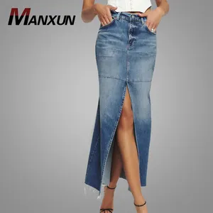 Rok Denim penjualan OEM rok panjang belah jeans Solid kustom Online