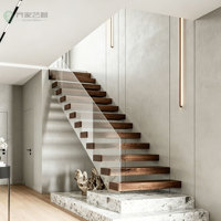 Escalier flottant moderne, escalier droit en bois, marches en bois massif, sur mesure en chêne rouge, chêne blanc, noyer noir, teck