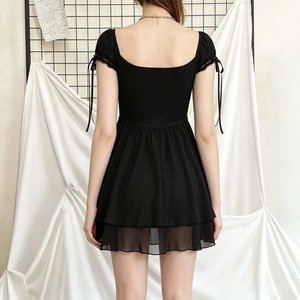 Top de chifón cómodo y holgado para fiesta, de verano, ecológico, con cuello cuadrado, manga corta, pliegues y encaje, estilo gótico oscuro para mujer - Product Image 6