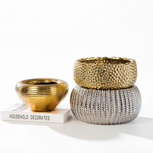 ORIGINAL Light Luxury Gold Silver <b>Ceramic</b> Art Deco Tabletop <b>Vase</b> Textured Planter for Home Wedding Decor - Product Image 1