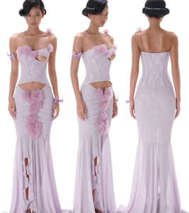 A11268 kadın lavanta kesme Mermaid kıyafeti: tül çiçek süslenmiş askısız resmi elbise-romantik parti/kokteyl akşam - Product Image 1