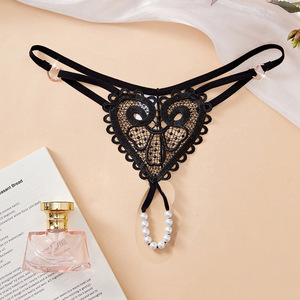 Ding Zhi Mei Sexy Lace Thong With Pearl Chain Women's G <b>String</b> Underwear <b>Black</b> Hollow Out Design - Product Image 1