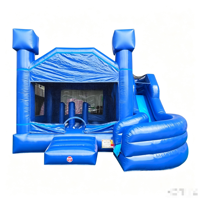 Parcours d'obstacles gonflable combiné toboggan aquatique bleu, piste de course, château gonflable extérieur décoratif, petite machine distributrice, jeu de carnaval