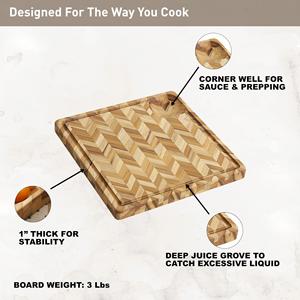 Planche à découper en teck pour cuisine (petite) – Planche <span class=keywords><strong>de</strong></span> boucher en chevrons avec rainure pour jus et fosse d'angle, planche à charcuterie - Product Image 3