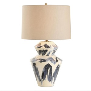 Multi-Tone Striped Ceramic Cylinder Modern Table Lamp | Artisan Rustic Lighting for Resort Hotel & Home - Product Image 2