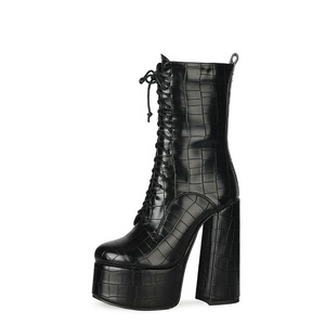 New Style Black Pure Color Stone Print Lace up Chunky Heels Platform Half <b>Knee</b> <b>High</b> Boots Round Toe Outdoor Anti-Slippery Shoes - Product Image 6