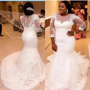 Elegant African Plus Size Wedding Dresses 2022 Long Sleeves Bridal Gowns Appliques Lace Illusion wedding gowns dress bridal