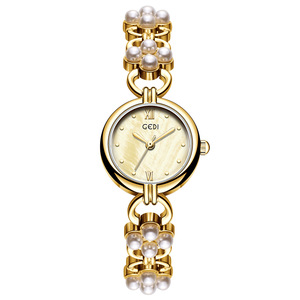 Reloj de cuarzo para mujer con cadena de perlas, elegante reloj de lujo ligero con incrustaciones de diamantes y nácar, elegante reloj para mujer - Product Image 2