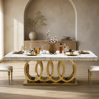 Table à manger de luxe en marbre avec base en acier inoxydable doré, mobilier de salle à manger moderne pour villa et hôtel