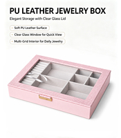 Boîte à bijoux rectangulaire en cuir PU rose, élégante, avec couvercle en verre transparent, multi-compartiments, organiseur de rangement pour bijoux floqué, bagues, boucles d'oreilles
