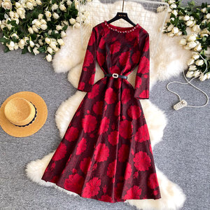 Abiti da Donna per Ufficio, <span class=keywords><strong>Vestito</strong></span> <span class=keywords><strong>Rosso</strong></span> Floreale con Cristalli, Linea A, <span class=keywords><strong>Maniche</strong></span> <span class=keywords><strong>Lunghe</strong></span>, Cintura, Elegante e Aderente, Primaverile - Product Image 6