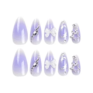 <span class=keywords><strong>Faux</strong></span> ongles Y2K amande mi-longs à rayures argentées, à presser, avec décoration étoiles et diamants, pointes violettes pour doigts - Product Image 3