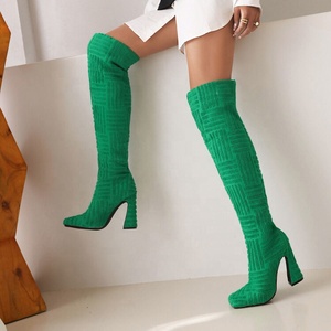 Newest Square Toe Soft Towel Suede Material Women Over Knee High <b>Boots</b> Shoes High Heels Long Booties for Ladies Wide Leg - Product Image 6