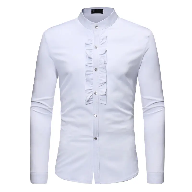 OEM Plain 100% cotton high quality mao collar Shirts ruffled planket Slim Fit long sleeve men dress shirts with stand collar